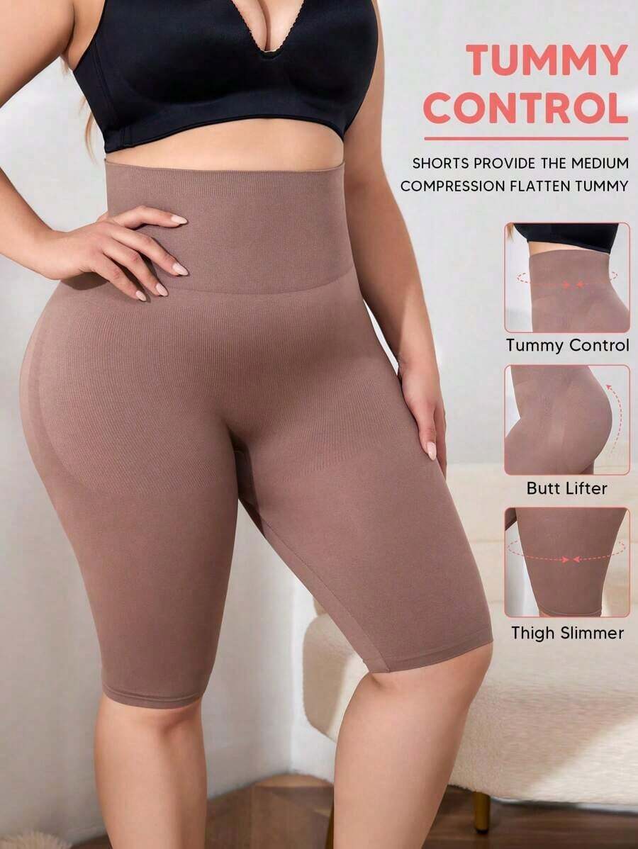 Leggings de control de abdomen de talla grande para mujer con cintura alta, para uso casual en verano - Caqui - Ver 1