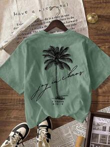 Women's Short-Sleeved T-Shirt With Round Neck And Palm Print, Summer Beachwear For Vacation. - 綠色的 - 查看 2