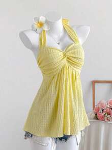Top de tirantes con estampado de lunares marrones y detalle de nudo en la espalda para mujer, adecuado para verano, vacaciones de primavera, ceremonia de graduación, fiesta de boda, vacaciones elegantes, playa casual, estilo Y2K lindo y sexy y - Rosa 2 - Ver 5