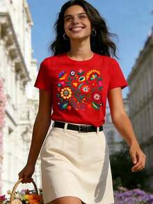 Short Sleeves. Mexican T-Shirt With Colorful And Festive Floral Print, Casual Short Sleeve Top With Round Neck For Women. Leisure - 紅色 - 查看 2