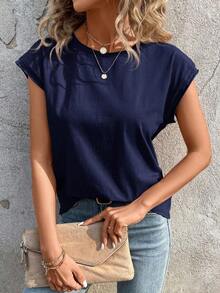 Camiseta casual de cuello redondo y mangas de murciélago - Azul marino - Ver 3