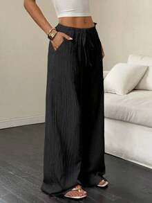 Pantalones de pierna ancha con bolsillo en diagonal, cintura anudada y tela de textura de unicolor para mujer - Negro - Ver 4