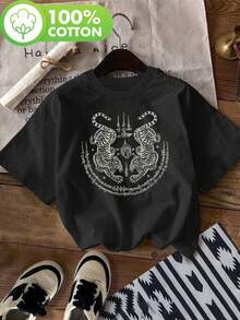 Limited Edition: Women's T-Shirt With Thai Tattoo Print Sak Yant Two Tigers - Short Sleeve, Crew Neck, Casual Style, Black With Intricate White Design, Machine Washable, Summer And Spring T-Shirt, Thai Cultural Gift, Casual Wear, Lightweight Cotton - 白色 - 查看 7