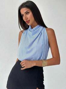 Camisa asimétrica plisada de color albaricoque, elegante y de moda, para uso diario en la oficina, de vacaciones o en festivales de música, para primavera/verano - Azul y blanco - Ver 7