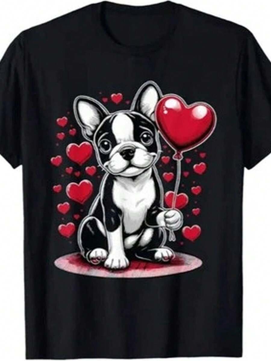 Men's/Unisex Graphic T-Shirt, Casual, With "Love Valentine's Day" Text, Retro Style, Comfortable Fit, Durable Fabric, Classic Style For Everyday Wear, Soft Material, Printed For Adults - 黑色 - 查看 1