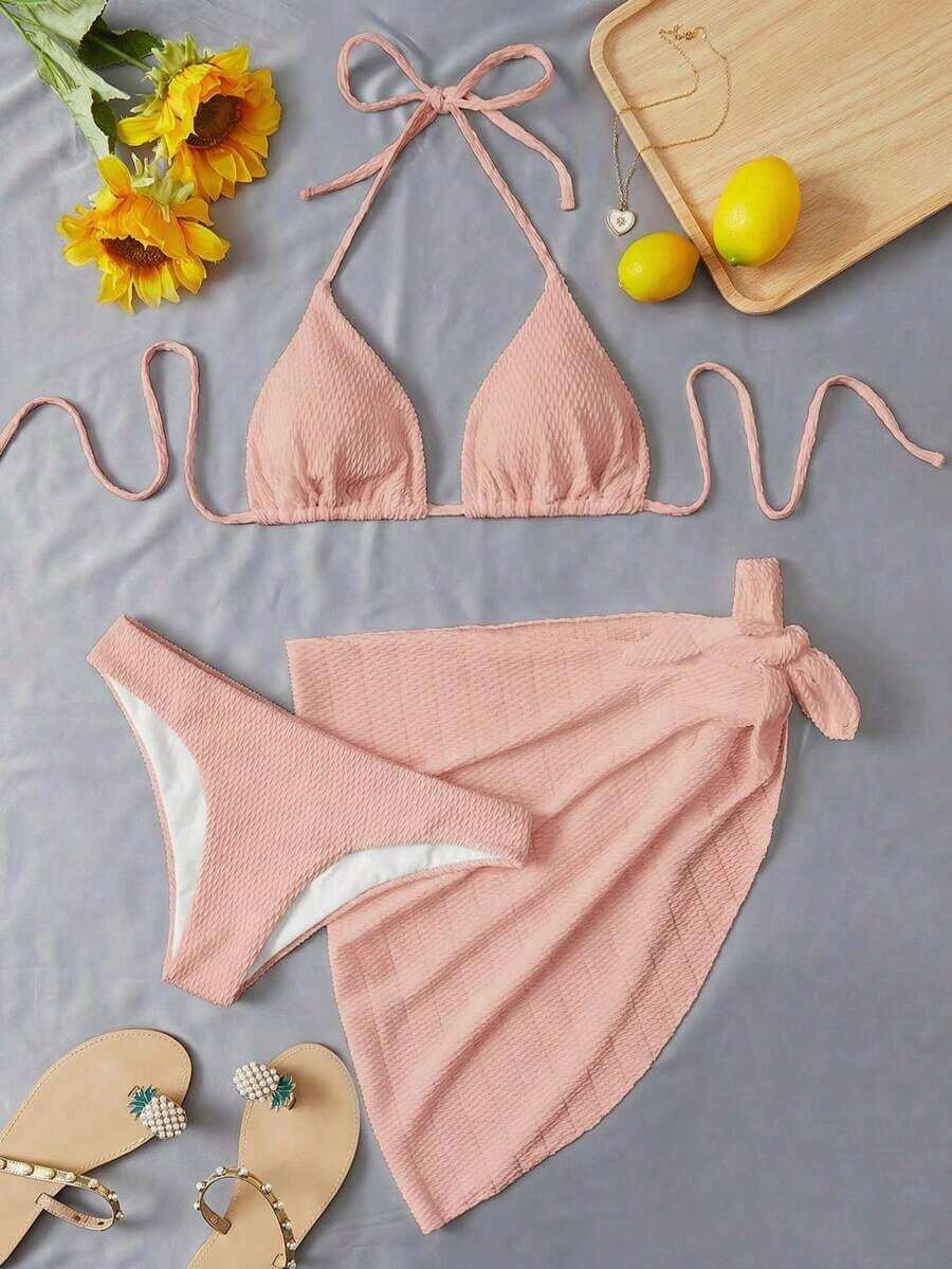 Conjunto de bikini de triángulo halter llano para playa de verano con falda de playa - Rosa - Ver 1