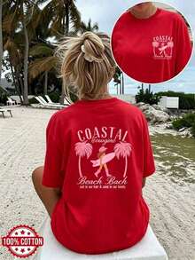 Casual T-Shirt [Double-Sided Print On Front And Back] Spring Summer, Women's Casual Loose Fit T-Shirt, Beach Style, Palm Tree, Surfboard, Beach Print, Vacation Print, Short Sleeve, Round Neck, Pure Cotton, Plus Size, Drop Shoulder [Chu], Women's Tops, Women's Vacation Clothes 2026 100% Cotton, Durable - 紅色 - 查看 1