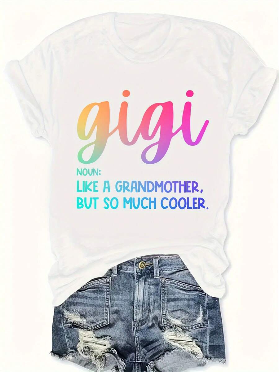 Women's Plus Size Crew Neck T-Shirt With Gigi Letter Print And Color Gradient - 白色 - 查看 1