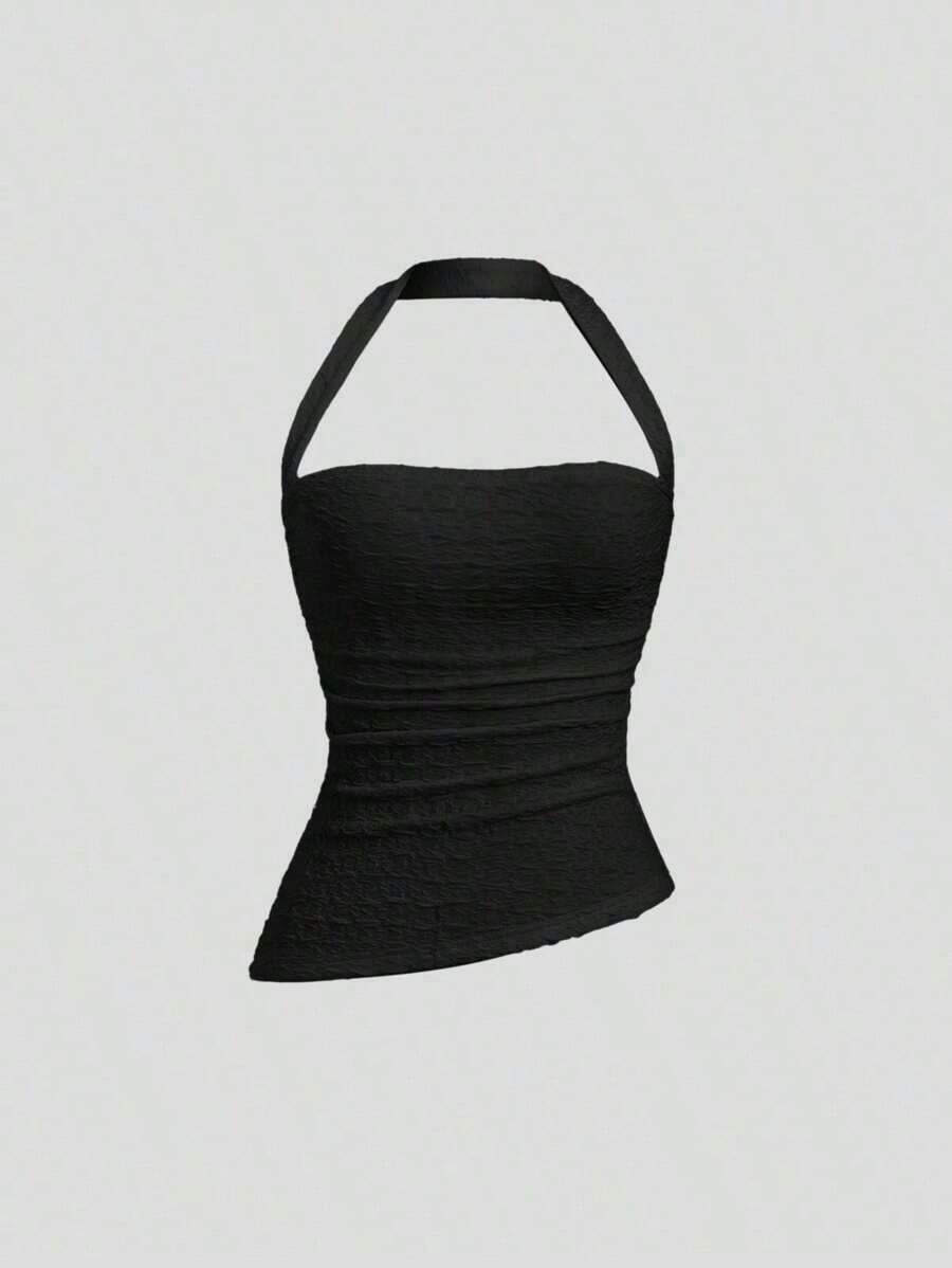 Camiseta de mujer de cuello halter liso, casual para uso diario estilo Y2K - Negro - Ver 1