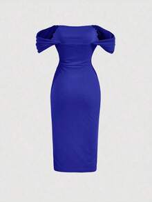 Vestido ajustado de hombros descubiertos fruncido - azul real - Ver 2