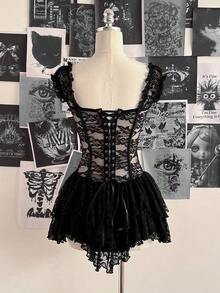 Vestido mini asimétrico de mujer con corsé de encaje y estilo vintage, adecuado para Y2K - Negro - Ver 4