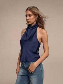 Blusa de mujer de nuevo verano de unicolor y sexy con espalda descubierta y hombros descubiertos, adecuada para citas y fiestas - Azul marino - Ver 6
