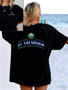 National Symbol With Shield And Lettering Representing Salvadoran Pride And The Values Of Unity In Central America With Colorful Details, Comfortable Double-Sided Casual Women's T-Shirt For Summer Beach - Black - View 1