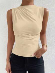 Blusa casual versátil con cuello alto y plisados para mujer - Albaricoque - Ver 7
