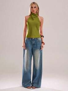 Parte superior de mujer de unicolor con escote pronunciado y espalda descubierta, top de mujer, blusa blanca de mujer, blusas y tops de mujer Xrlq9, ropa de mujer, camisetas de mujer, top de verano - Verde - Ver 4