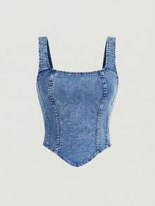 Parte superior de tirantes anchos y cierre trasero de mezclilla casual negra para mujer - Azul lavado medio - Ver 5