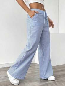 Pantalones sueltos para mujer con rayas azules de tiro bajo para vacaciones y uso informal - Azul 2 - Ver 7