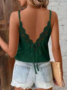Blusa de verano para mujer con tirantes finos, encaje y parches, estilo minimalista, bohemio, elegante y romántico, ideal para festivales de música, playa y vacaciones, 95% algodón - Verde Oscuro - Ver 1