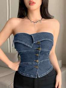 Top corto ajustado y sexy con cuello asimétrico y diseño de bandeau para mujeres - Niebla azul - Ver 5