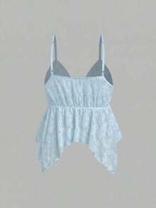 Camiseta de mujer con escote en V sexy y bajo asimétrico de encaje - Celeste - Ver 4