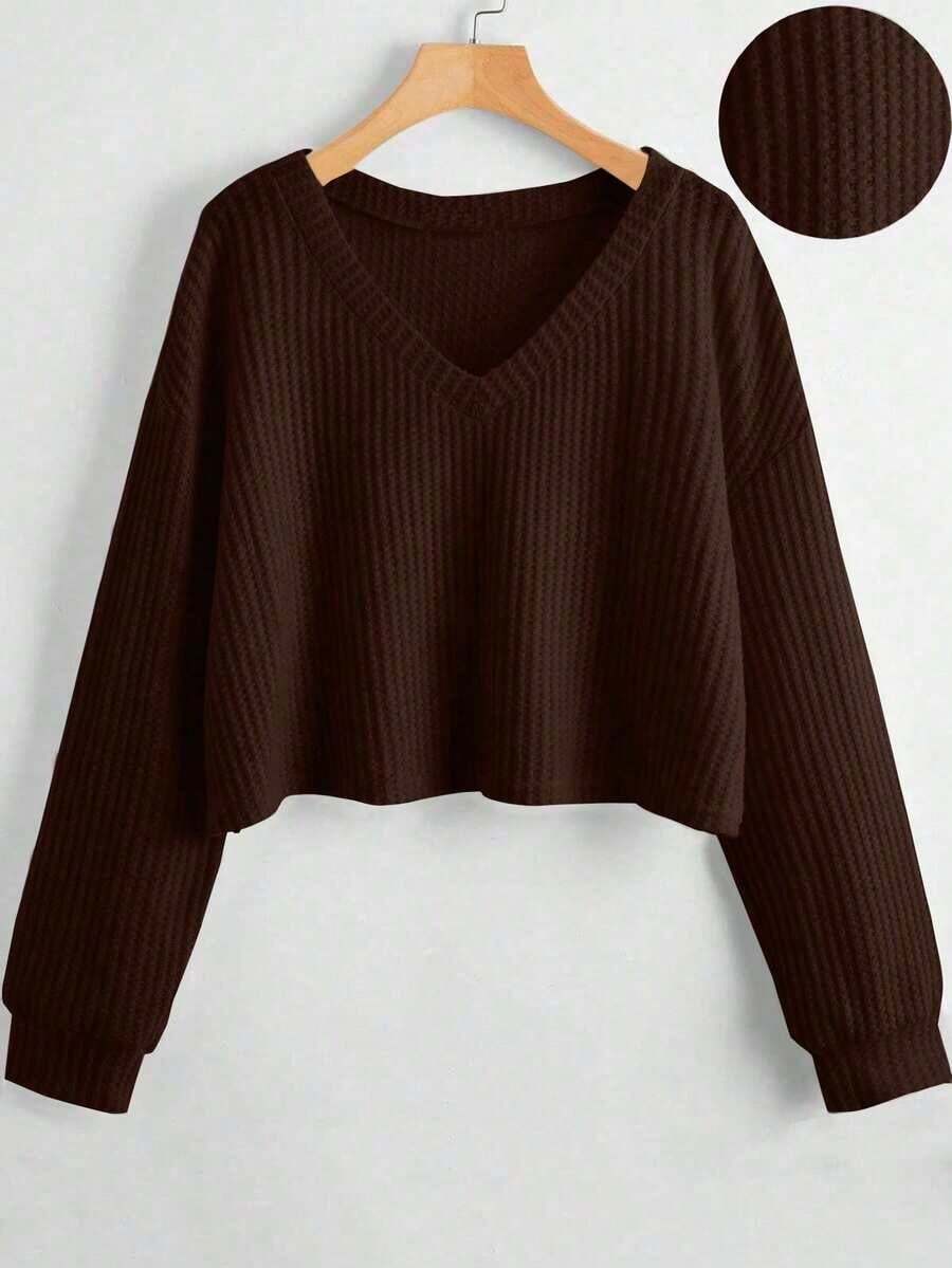 Camiseta de manga larga con cuello en V y hombros caídos para mujer,  Unity, de tela de forro polar suave para otoño. - Café integral - Ver 1