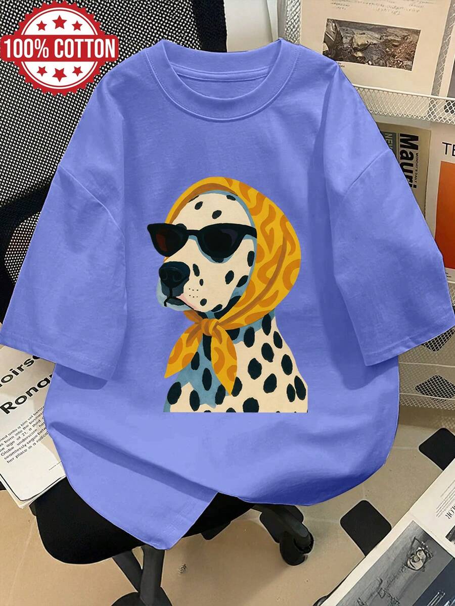 Women's Spring/Summer Clothing, Hand-Painted Style, Dalmatian Print, Scarf, Fashion Sunglasses, Modern, Loose Fit, Short Sleeve, Round Neck, Printed, Oversized Off-Shoulder T-Shirt, SuK - 藍紫色 - 查看 1