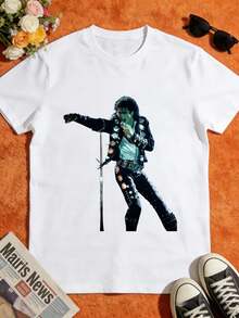 This White T-Shirt, Printed With The Iconic Image Of The Concert Artist, Is Perfect For Classical Music Fans And Casual Outings. This Circus-Themed T-Shirt Is Ideal For Matching Family Outfits, Perfect For Parties And Family Vacations, Everyday Wear, Summer Wear, Outdoor Playwear, Warm-Weather Clothing, And Makes A Great Gift. - 白色 - 查看 1