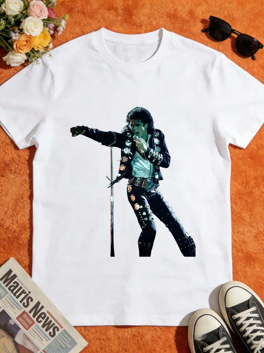 This White T-Shirt, Printed With The Iconic Image Of The Concert Artist, Is Perfect For Classical Music Fans And Casual Outings. This Circus-Themed T-Shirt Is Ideal For Matching Family Outfits, Perfect For Parties And Family Vacations, Everyday Wear, Summer Wear, Outdoor Playwear, Warm-Weather Clothing, And Makes A Great Gift. - 白色 - 查看 1