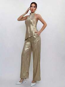 Conjunto de 2 piezas de top de cuello halter y pantalones en color café para mujer, estilo de uso diario - Dorado - Ver 6