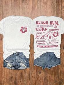 Double-Sided Printed Colored Cotton T-Shirt Comfortable, Stylish With Minimalist Design, Casual & Versatile, INS Style Beach Bum Surfing Shark Flower Sunset Graphic 100 Percent Cotton-Unisex, Suitable For Casual Daily Outings, Short-Sleeve Summer Top, Retro Y2K Patterned T-Shirt - 白色 - 查看 1