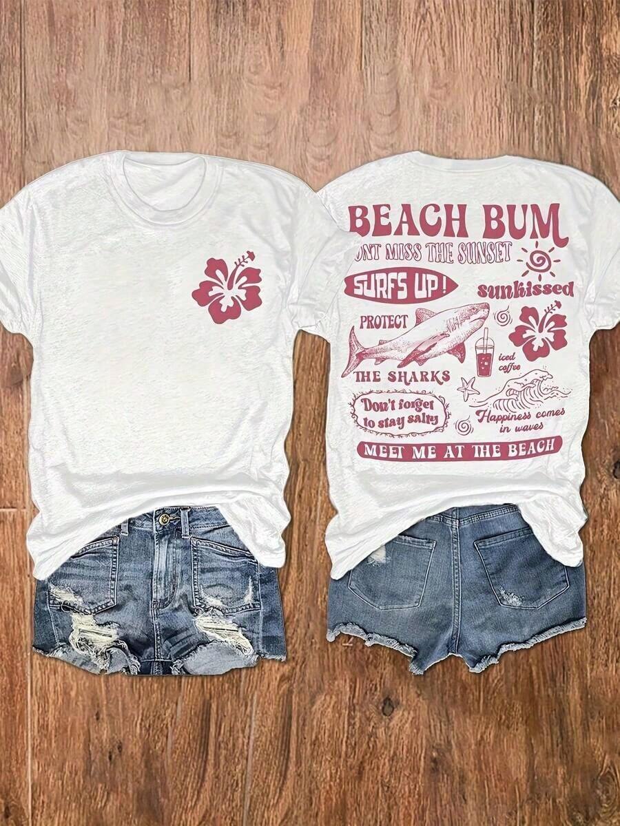 Double-Sided Printed Colored Cotton T-Shirt Comfortable, Stylish With Minimalist Design, Casual & Versatile, INS Style Beach Bum Surfing Shark Flower Sunset Graphic 100 Percent Cotton-Unisex, Suitable For Casual Daily Outings, Short-Sleeve Summer Top, Retro Y2K Patterned T-Shirt - 白色 - 查看 1