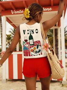 Blusa de ajuste regular casual con estampado, sin mangas para mujer - Albaricoque 5 - Ver 3