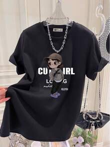 Women's Casual Printed T-Shirt, Short Sleeves, Round Neck, Spring/Summer Local Urban Fashion. MYM6 - 黑色 - 查看 12