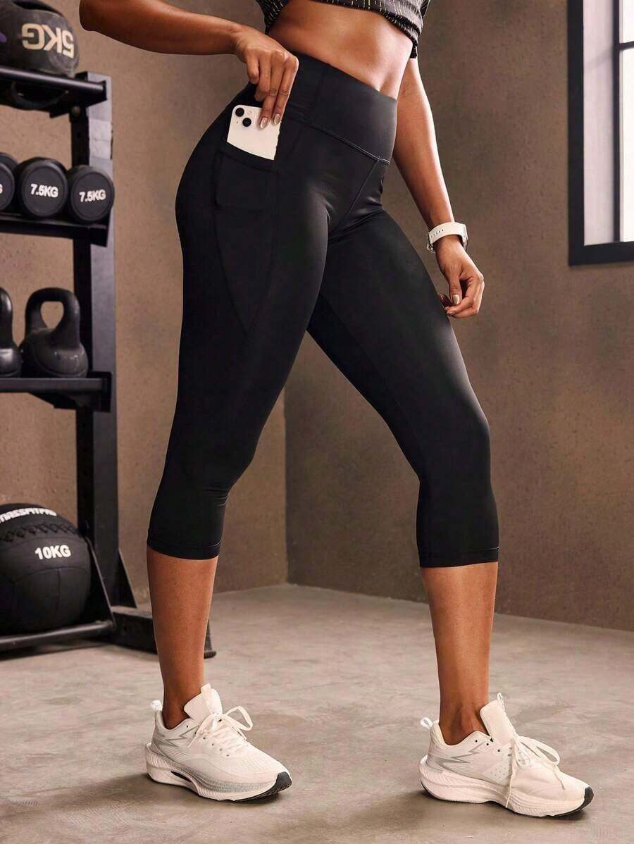 Mallas deportivas de cintura ancha con bolsillo para teléfono, pantalones de yoga para mujer - Negro - Ver 1