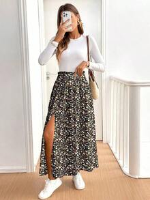 Frenchy Falda larga con abertura y volantes con estampado floral ditsy, casual y de moda para uso diario, vacaciones de verano, color azul floral, para resort - Multicolor 3 - Ver 4