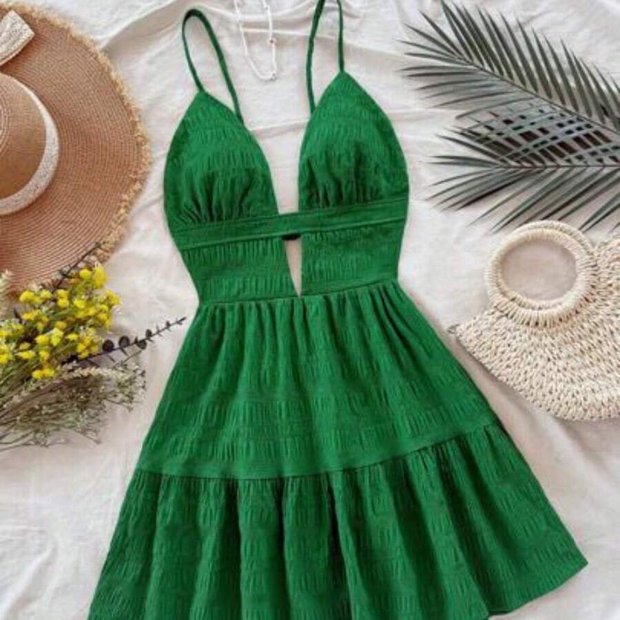 WYWH Spring/Summer Vacation V-Neck Ruched A-Line Backless Textured Mini Dress, Green, Suitable For Holiday, Date, Valentine's Day, Afternoon Tea,Sun Dress - Verde - Ver 1