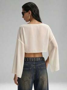 Blusa corta suelta de mangas de murciélago y cuello redondo de unicolor para mujer, de manga tres cuartos, para primavera/verano - Albaricoque - Ver 2