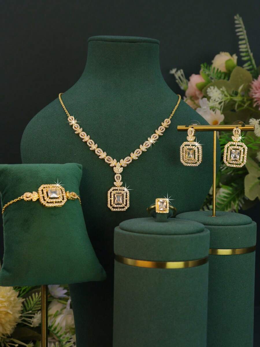 5pcs 18K Gold-Plated Elegant & Exquisite Series, Square Pendant Design Bridal Wedding Jewelry Set, Handset White Cubic Zirconia, Including Necklace, Bracelet, Earrings, Ring, Suitable For Daily Wear, Wedding, Gift For Friends