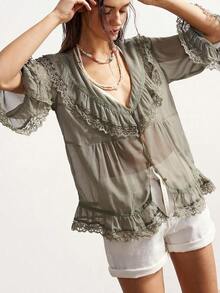 Blusa holgada de unicolor con cuello en V y dobladillo con volantes para mujer - Verde - Ver 5