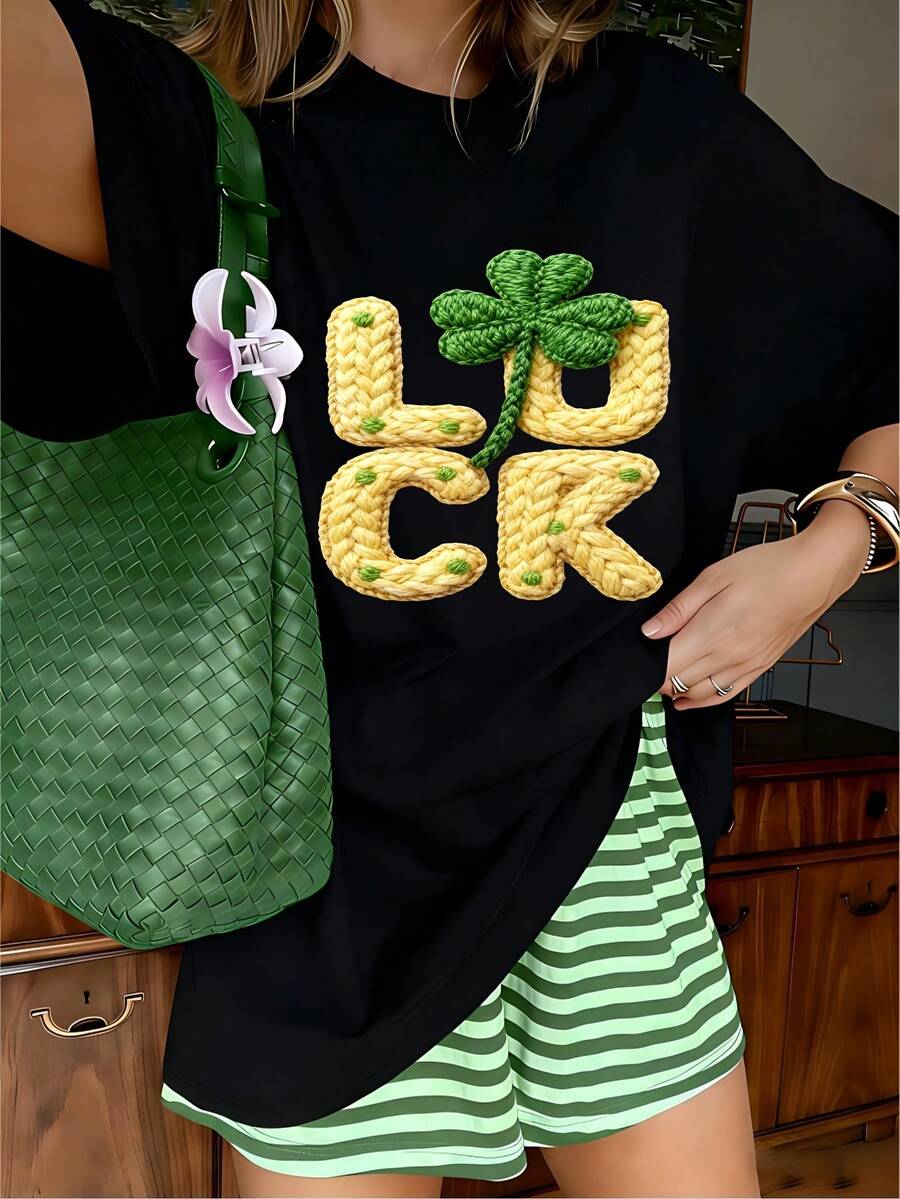 Lucky Clover Graphic T-Shirt, 100% Cotton Oversized Soft Breathable Casual Crewneck Short Sleeve Top, Summer Vibes Streetwear Style For Women & St Patrick's Day Lovers - 黑色 - 查看 1