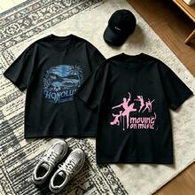 2-Piece Couple Matching Pattern T-Shirt, 100% Cotton, Loose Fit, Soft And Breathable, Casual Round Neck Short Sleeved Top Honolulu Hawaii Wave Palm Tree Moving In Music Dancer Silhouette Versatile Patterns No Picky Combinations Coordinated Dating Casual Travel Simple And Cartoonish Printing Styles - 黑色 - 查看 1