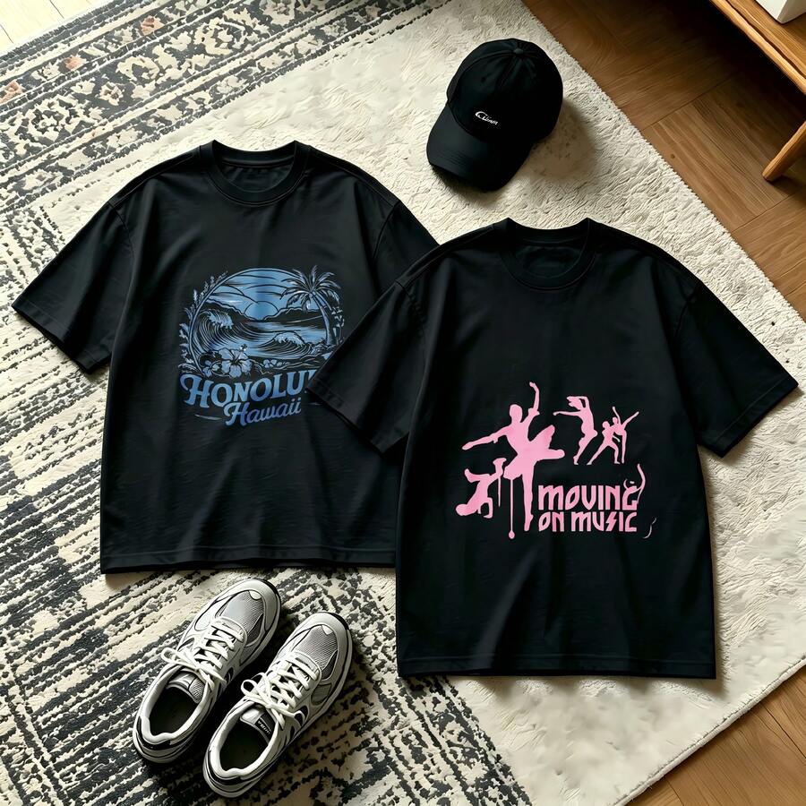 2-Piece Couple Matching Pattern T-Shirt, 100% Cotton, Loose Fit, Soft And Breathable, Casual Round Neck Short Sleeved Top Honolulu Hawaii Wave Palm Tree Moving In Music Dancer Silhouette Versatile Patterns No Picky Combinations Coordinated Dating Casual Travel Simple And Cartoonish Printing Styles - 黑色 - 查看 1