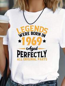 Playeras de Mujer de Algodón Oversize Moda 2026 La leyenda nació en 1969, camiseta estampada, camiseta casual de cuello redondo y manga corta para primavera y verano, ropa de mujer, cómoda, suave, sencilla, para uso diario, top de manga corta. - Blanco - Ver 7