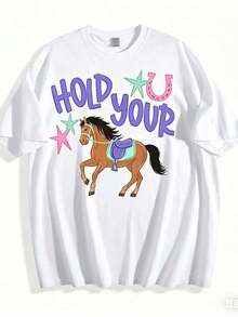 Women's 100% Cotton T-Shirt With Casual Print Design, 2D Graphic Print "Hold Your Horse", White T-Shirt, Acrylic Hanging Ornament For Home And Party Decoration, Christmas Gift For Children, Summer Tops, Daily Outfits For Women, Suitable For Spring, Summer And Autumn. - 白色 - 查看 1
