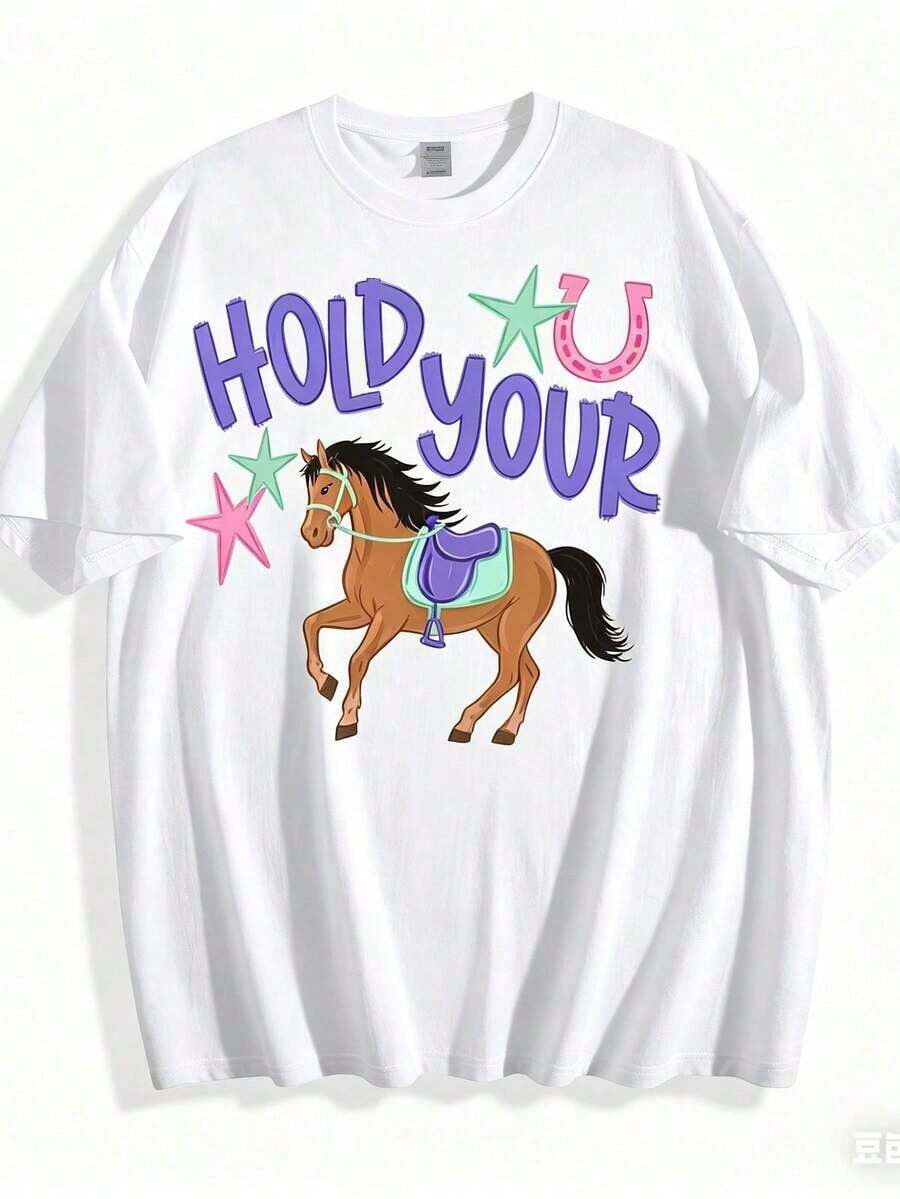 Women's 100% Cotton T-Shirt With Casual Print Design, 2D Graphic Print "Hold Your Horse", White T-Shirt, Acrylic Hanging Ornament For Home And Party Decoration, Christmas Gift For Children, Summer Tops, Daily Outfits For Women, Suitable For Spring, Summer And Autumn. - 白色 - 查看 1