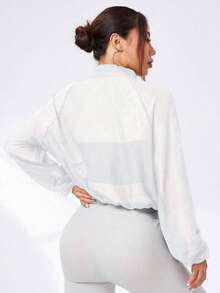 Chaqueta De Cuello Alto Deportiva Para Mujer Con Malla Transparente Y Bolsillos, Chaqueta Deportiva De Manga Larga Para Correr, Hacer Ejercicio Y Actividades Al Aire Libre - Blanco - Ver 2