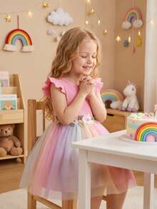 Vestido de verano para niñas con mangas cortas, falda de tul degradado de colores y ribete bordado, adecuado para uso diario, escuela, vacaciones y fiestas de cumpleaños, atuendo para el Día del Niño - Rosa - Ver 9
