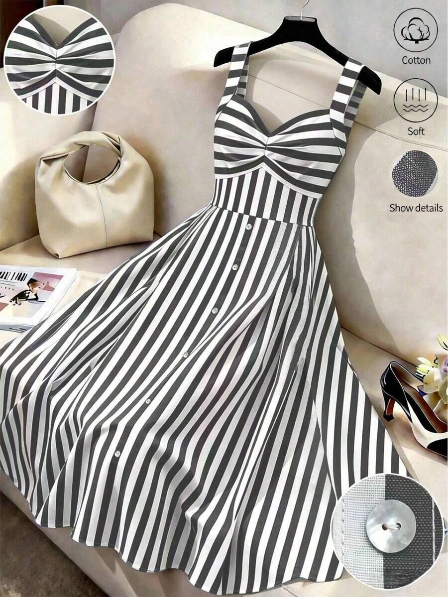 Vestido casual de línea A de longitud media con cuello en V a rayas y decoración de remaches para mujer - Negro - Ver 1