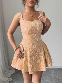Vestido mini azul de mujer con cuello ancho, sin mangas, cintura recogida y textura de jacquard, elegante y romántico para graduación, baile de graduación, fiesta, festival de música, vacaciones - Naranja - Ver 6