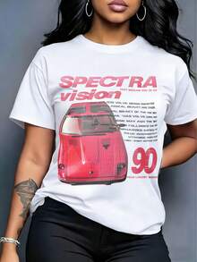 Camiseta de manga corta para mujer, con estampado de auto retro, acompañado de letras "SPECTRA vision" y número "90", efecto desgastado, estilo urbano, cuello redondo. - Blanco - Ver 7